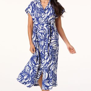 Blue White Leaf Print Midi Dress