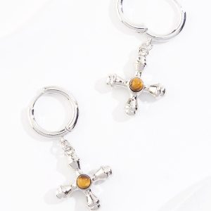 Cross Charm Silver Hoop Earrings