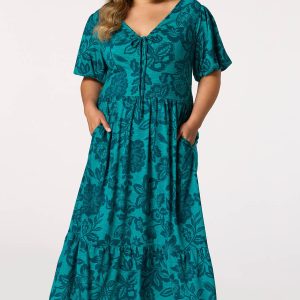 Plus Size Floral Bubble Sleeve Dress