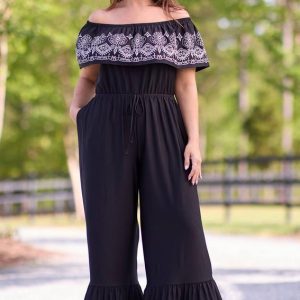 Plus Size Flounced Off Shoulder Embroidered Jumpsuit