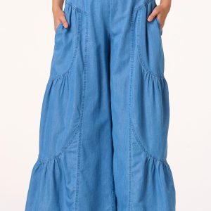 Chambray Wavy Wide Leg Pants