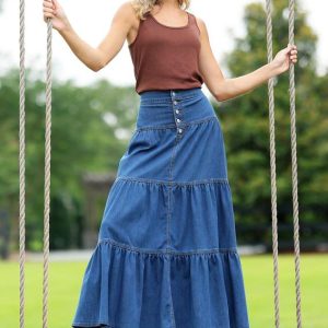 Tiered Button Fly Denim Midi Skirt