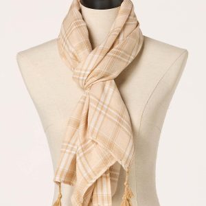 Neutral Plaid Tassel Trim Scarf
