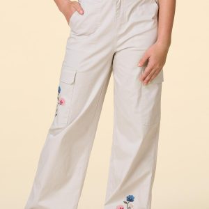 Girls Twill Floral Cross Stitch Cargo Pants