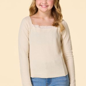 Girls Pointelle Lace Trim Top