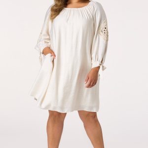 Plus Size Beige Crochet Trim Off Shoulder Dress