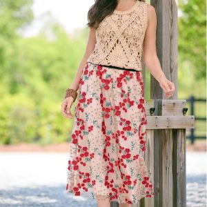 Floral Embroidered Mesh Midi Skirt