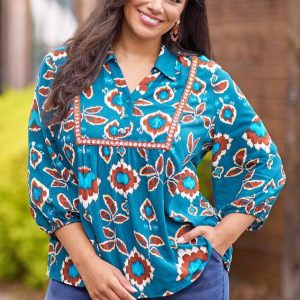 Plus Size Embroidered Bib Floral Poet Top