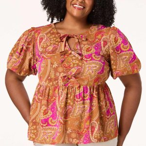 Plus Size Tie Front Paisley Peplum Top
