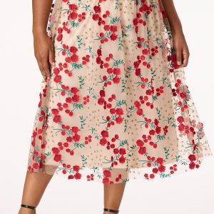 Plus Size Floral Embroidered Mesh Midi Skirt