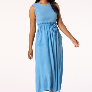 Chambray Mix Smocked Waist Dress