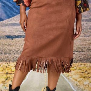 Plus Size Faux Suede Fringe Hem Skirt