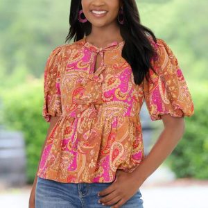 Tie Front Paisley Peplum Top