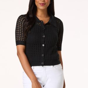 Open Stitch Solid Polo Cardigan