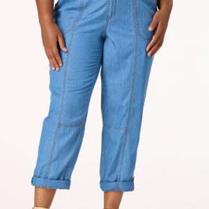 Plus Size Contrast Stitch Chambray Pants