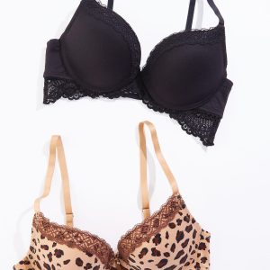 Lace Trim Leopard Black Bra Set