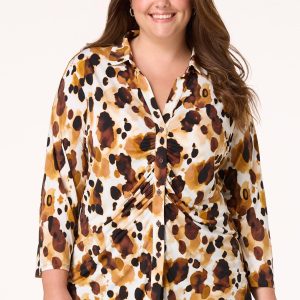 Plus Size Ruched Button Down Printed Top