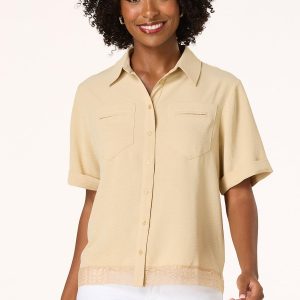 Button Front Lace Hem Top