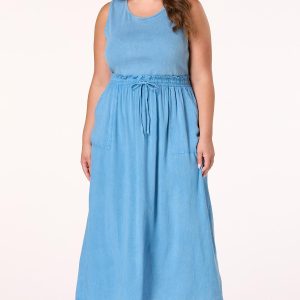 Plus Size Chambray Mix Smocked Waist Dress