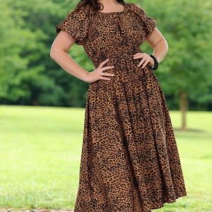 Plus Size Animal Print Drawstring Midi Dress