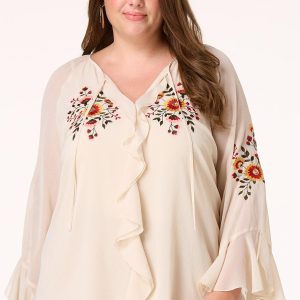 Plus Size Ruffled Floral Embroidered Top