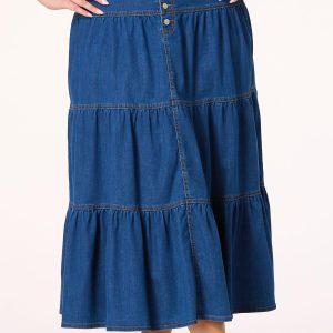 Plus Size Tiered Button Fly Denim Midi Skirt