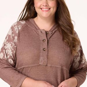 Plus Size Print Inset Henley Hooded Top