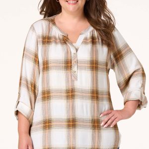 Plus Size Shimmer Plaid Popover Top