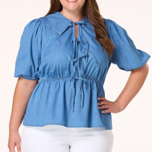 Plus Size Chambray Tie Front Peplum Top