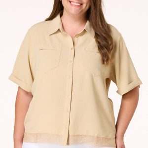 Plus Size Button Front Lace Hem Top