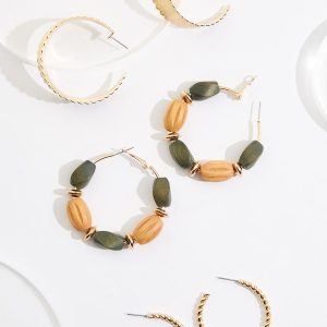 Mixed Wood Gold Hoop Earring Set