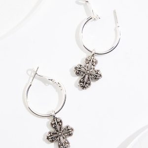Antique Cross Charm Hoop Earrings