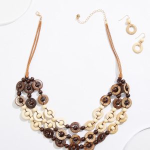 Wood Circles Layered Necklace Set