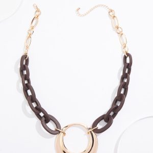 Wood Links Metal Circle Pendant Necklace