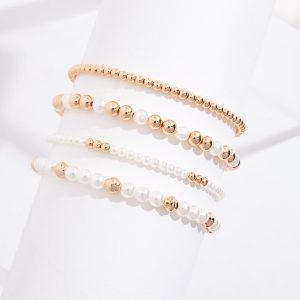Pearly Gold Beaded Stretch Bracelet Set
