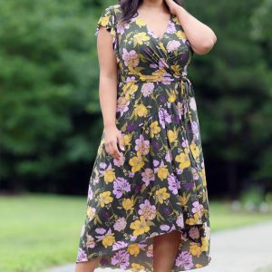 Plus Size Garden Floral Flutter Sleeve Dress