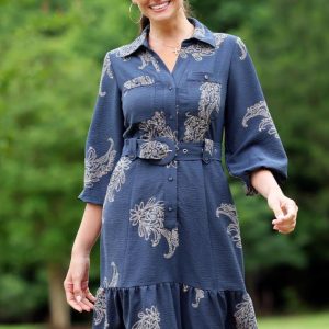Textured Print Belted Shirt Dress
