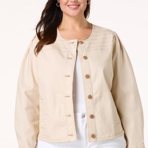 Plus Size Beige Contrast Stitch Denim Jacket