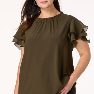 Plus Size Ruffle Neck Pleated Sleeve Top
