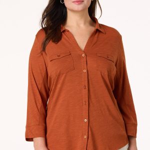 Plus Size Button Front Rib Inset Shirt