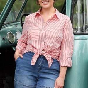 Plus Size Stripe Button Back Shirt