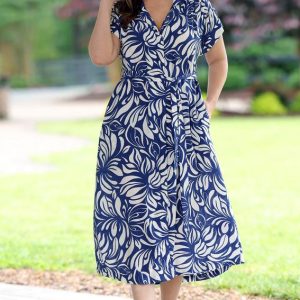 Plus Size Blue White Leaf Print Midi Dress