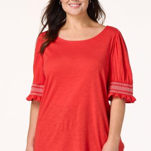 Plus Size Embroidered Smocked Knit Top