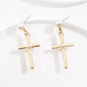 Delicate Pearl Gold Cross Earrings