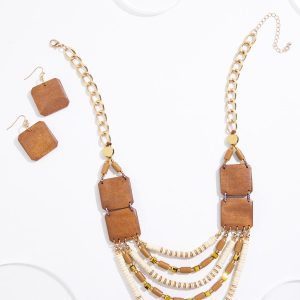 Wood Beaded Statement Long Necklace Set