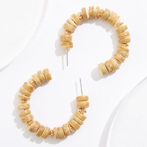 Wood Flat Round Bead Hoop Earrings