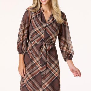 Brown Plaid Tie Belt Shirt Dress