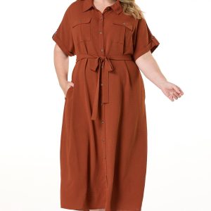 Plus Size Solid Midi Shirt Dress