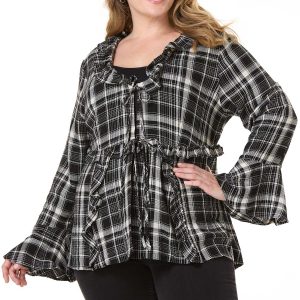 Plus Size Plaid Ruffle Tie Front Topper