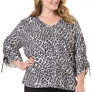 Plus Size Leopard Ruched Sleeve Top